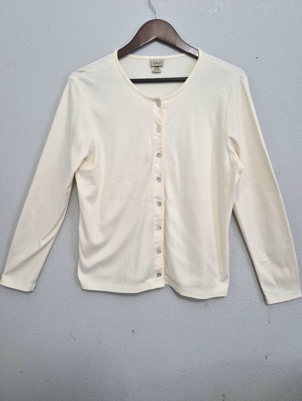 LL Bean Supima Cotton Button Front Knit Top Cream Women L Basic Minimalist